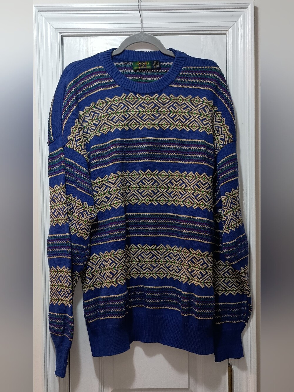 Alexander Julian Vintage Blue Multicolor Geometric Crewneck Sweater Men's XL